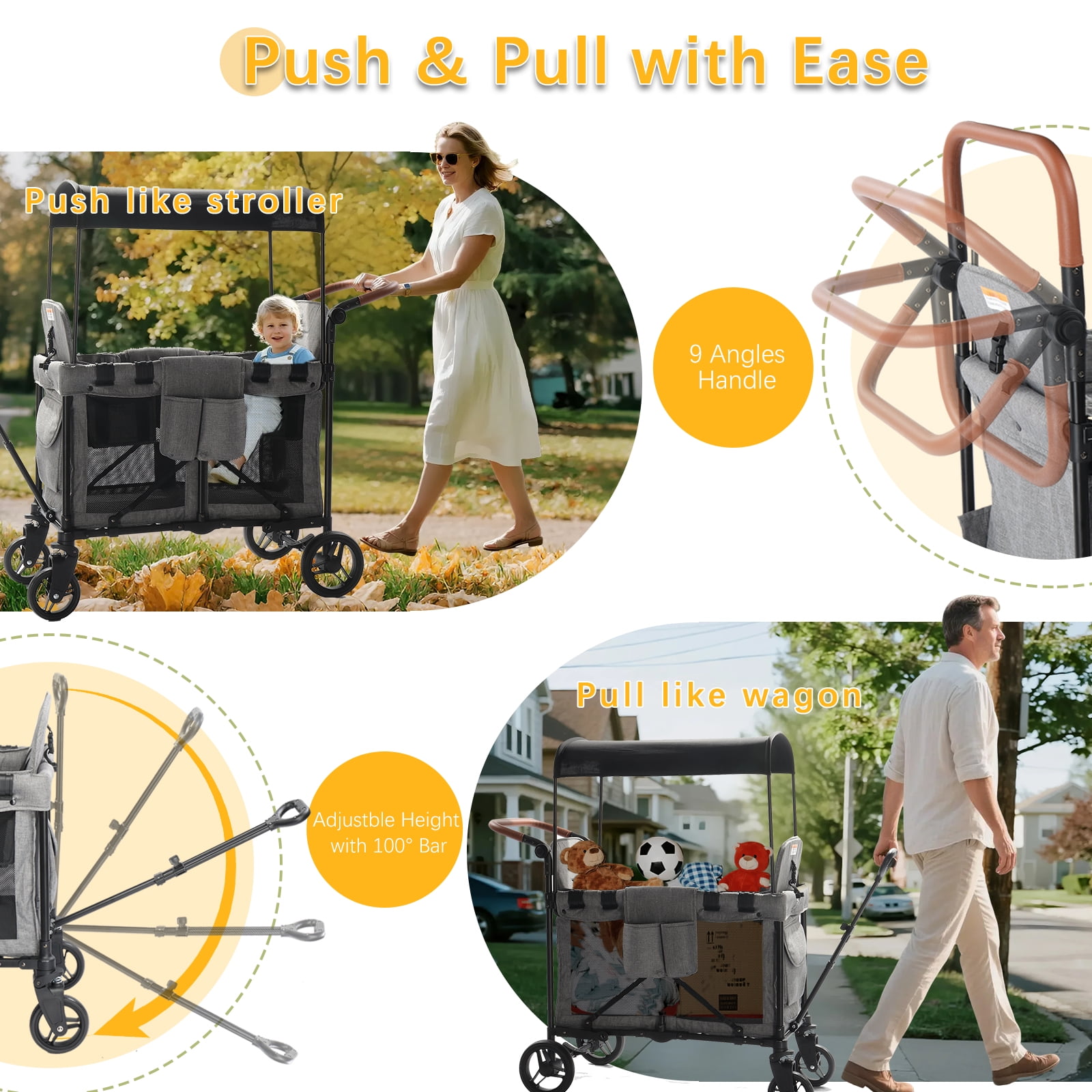 Foldable Stroller Wagon for 2 Kids, Adjustable & Removable Canopy, Oversized Storage Basket, Convertible High Seat & Organizer, Wagon Cart with Double Adjustable Push Bars, for Beach, Camping