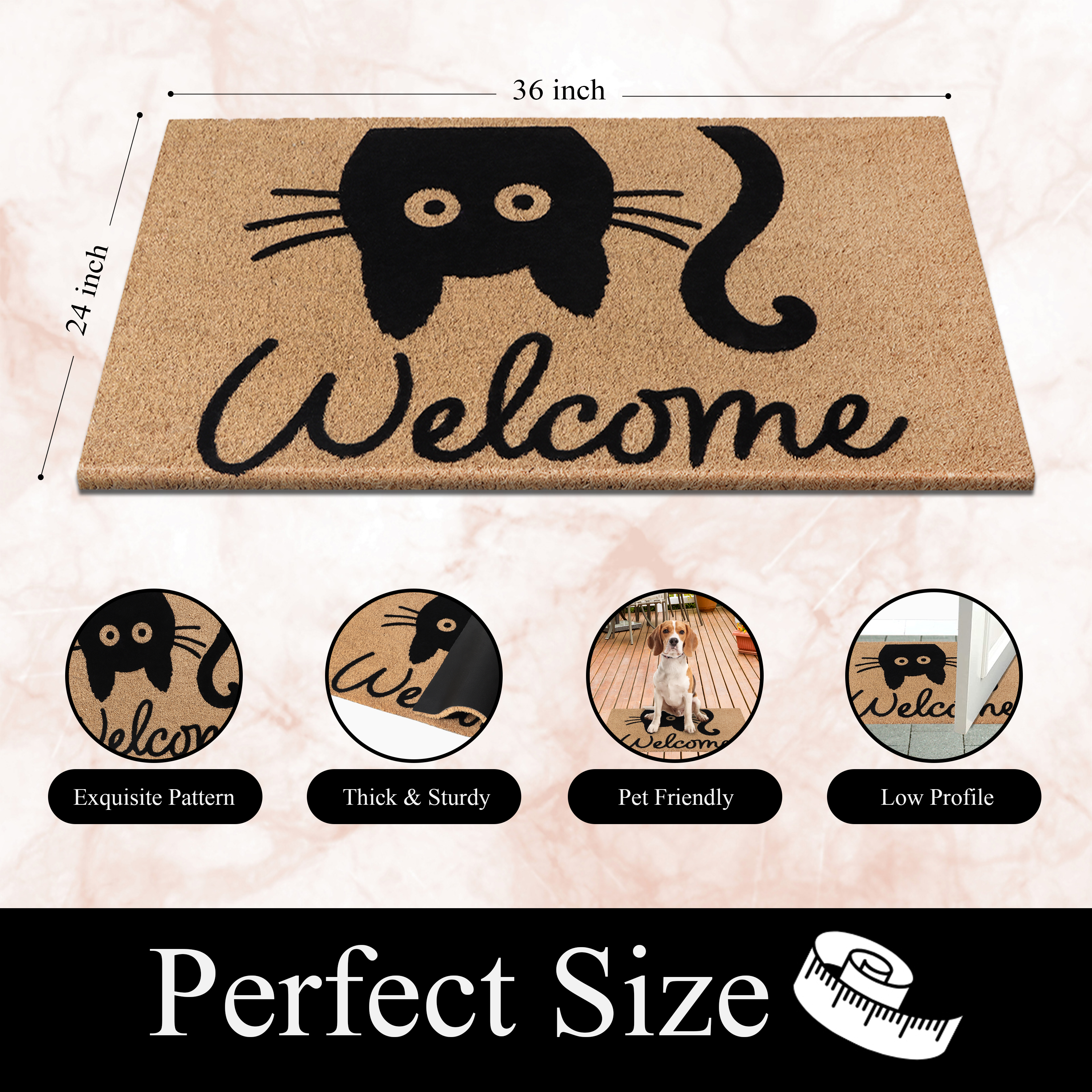 A1HC Natural Coir Flocked Doormat, Cat Welcome , 24"x36", Durable Outdoor Mat, Non-Slip, Pet Friendly, Fade Resistant