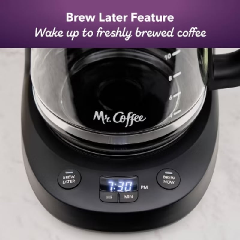 Mr. Coffee 12-Cup Programmable Coffee Maker Black: Drip Machine, Dishwasher-Safe, Electric, Paper Filter