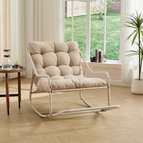 Outdoor Rocking Chair with Thick Cushion, Comfy Steel Frame Patio Rocker, Adjustable Swing for Living Room Reading Room, Black Frame, Beige