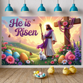 thumbnail image 6 of Wooden Cross He is Risen Banner Purple Drape Resurrection Display Crown of Thorns White Doves Christian Backdrop for Easter Sunday Church Service Resurrection Celebration, 6 of 9