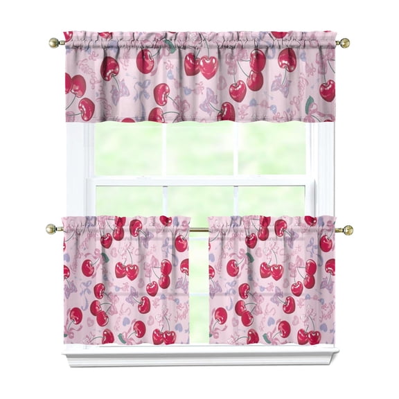 Cherry 3-Piece Kitchen Curtains Set Kitchen Curtains Sets with Valance for Windows Rod Pocket Machine Washable Kitchen Decor(54"x18" 2x27.5"x24")