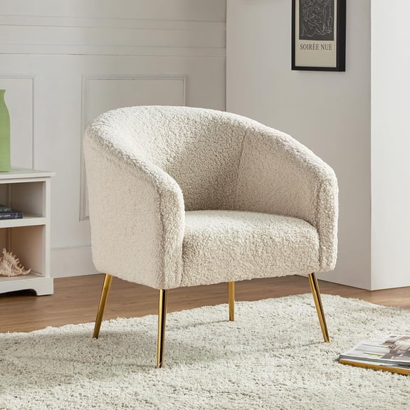 Sherpa Upholstered Armchairs Barrel Accent Chairs Foam Metal Legs Living Room Bedroom Home Cute Vanity Chair Ivory