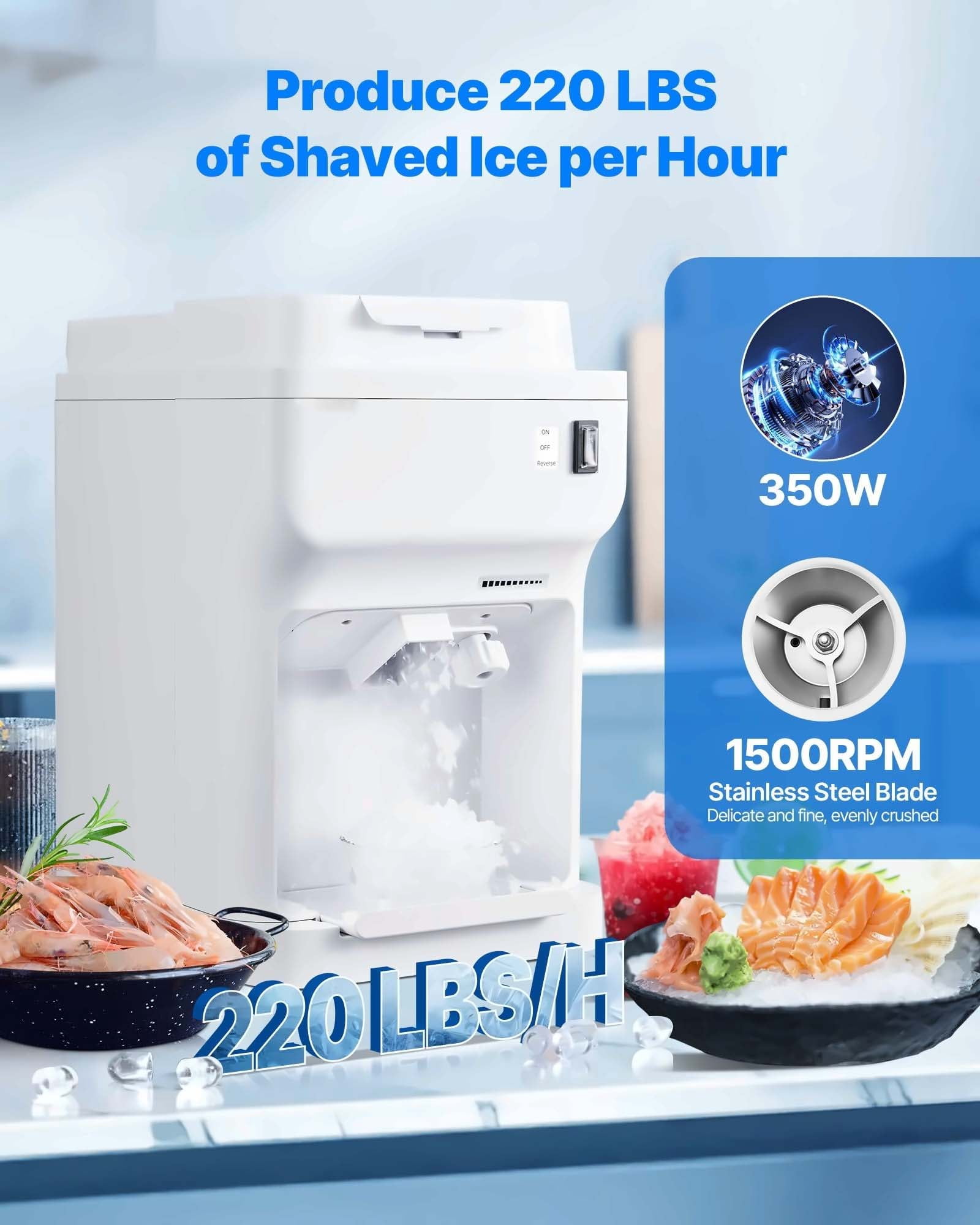 Commercial Ice Shaver 220LBS/H Electric Snow Cone Maker, Ice Crusher Machine, Adjustable Fineness, Large Capacity, White