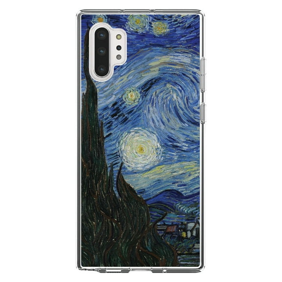 DistinctInk Clear Shockproof Hybrid Case for Galaxy Note 10 PLUS (6.8" Screen) - TPU Bumper, Acrylic Back, Tempered Glass Screen Protector - Van Gogh Starry Night - Classic Art