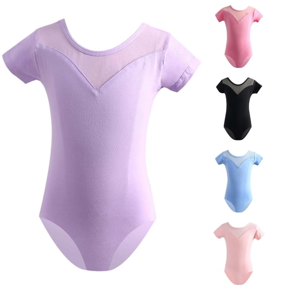 Girls Short Sleeve Dance Leotard Mesh Splice Neckline Bodysuit for Ballet Practice Class Training Top