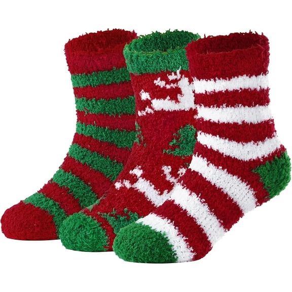Kids Fuzzy Christmas Slipper Socks - Soft Warm Winter Comfy Fluffy Socks for Girls 3Pairs 