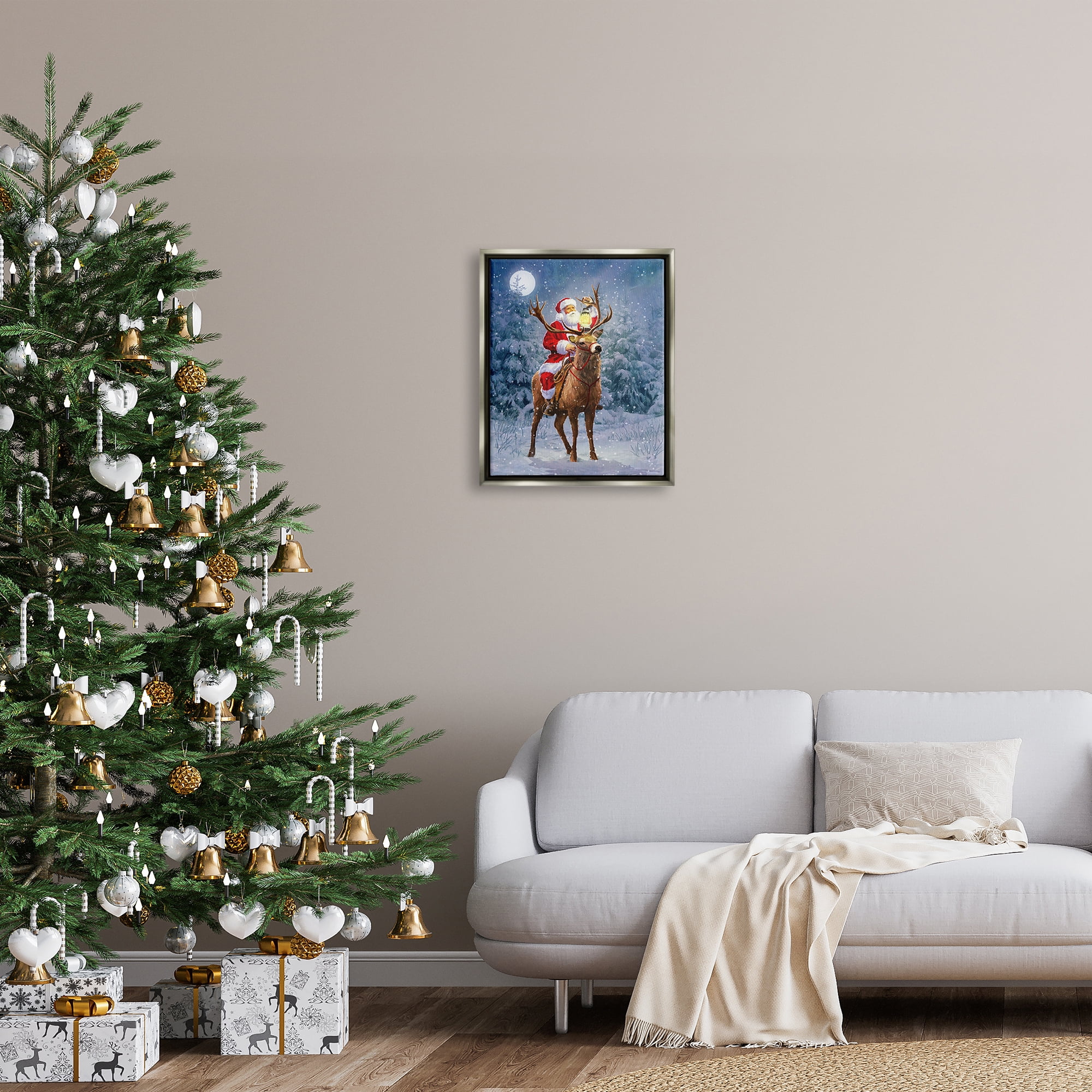 Stupell Industries Santa Riding Reindeer Landscape Holiday Painting Gray Floater Framed Art Print Wall Art