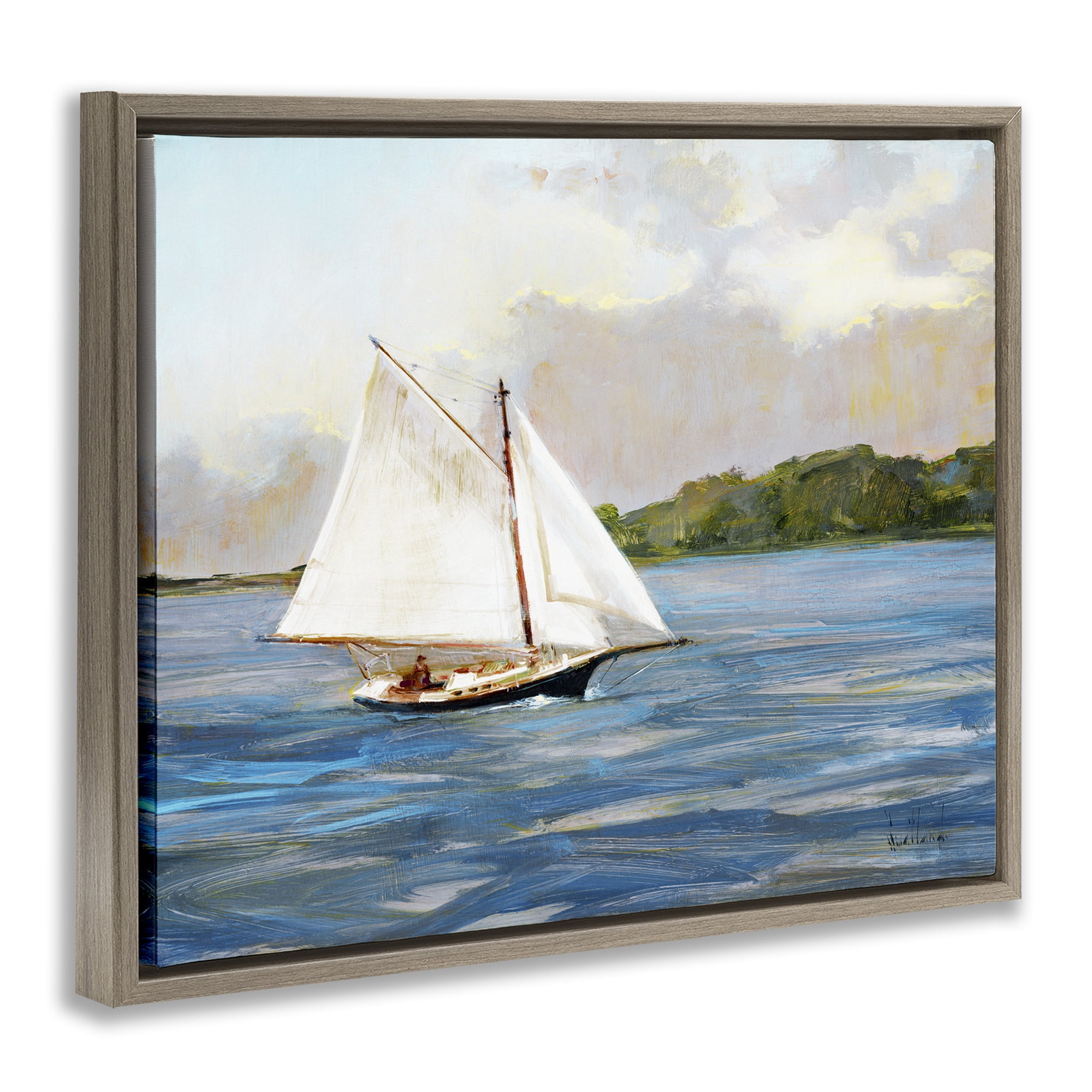 Stupell Industries White Sailboat on Calm Blue Sea Brown Framed Floater Canvas Wall Art, design by Katie Swatland