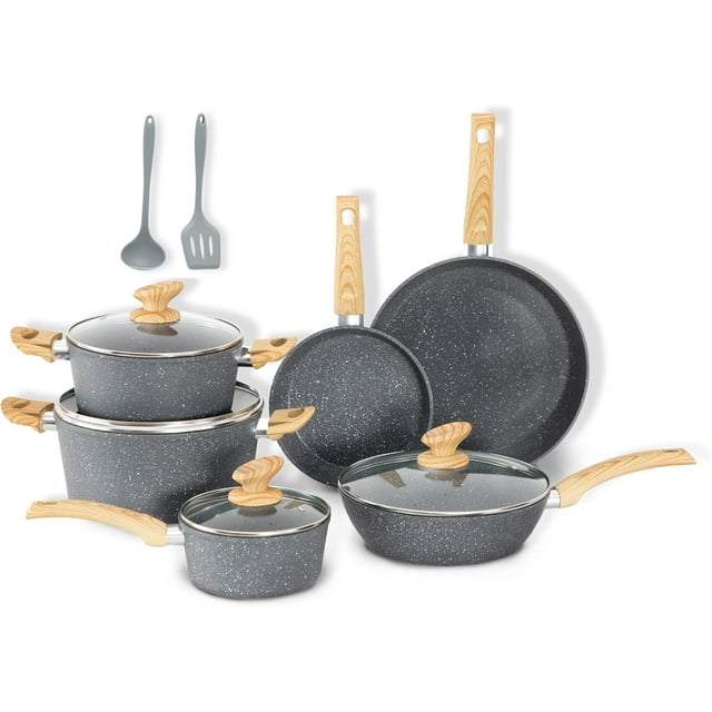 DishDelight Induction Nonstick Pots and Pans Set, 12 Piece Kitchen Cookware Sets, Nonstick Granite Cooking Pot and Pan Set with Frying Pans & Saucepans, Gray