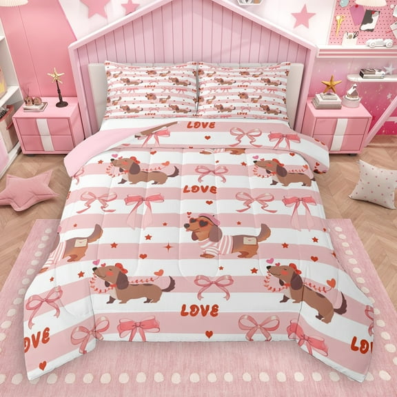 Castle Fairy Cartoon Dog Dachshund 2Pcs Bedding Comforter Set for Kids Children Preppy,Kawaii Ribbon Bow Twin Comforter Sets,Geometric Stripes Breathable Bedding Set,Lightweight Room Decor