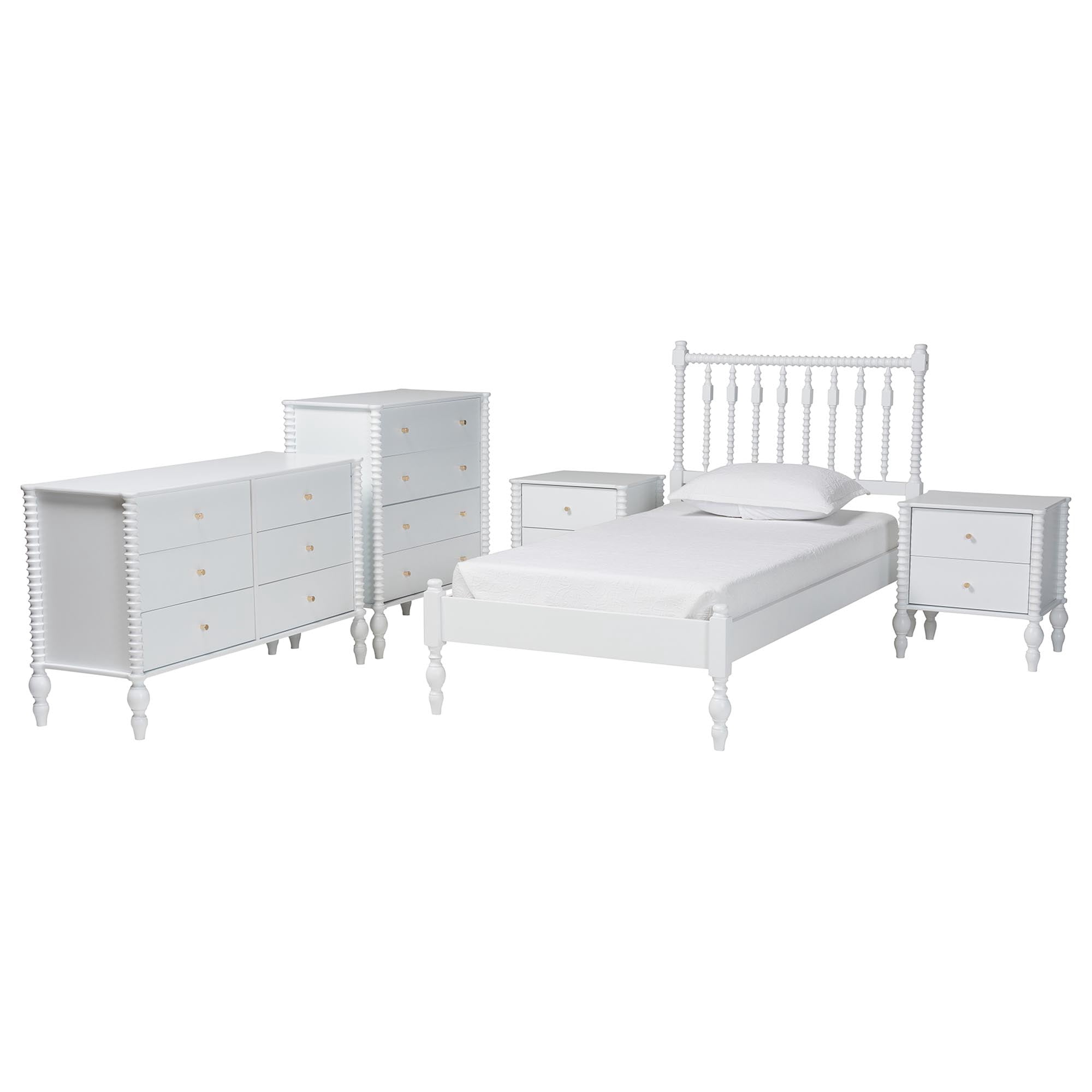 Baxton Studio Callison Farmhouse Bedroom Set, Twin, 5-Piece, White