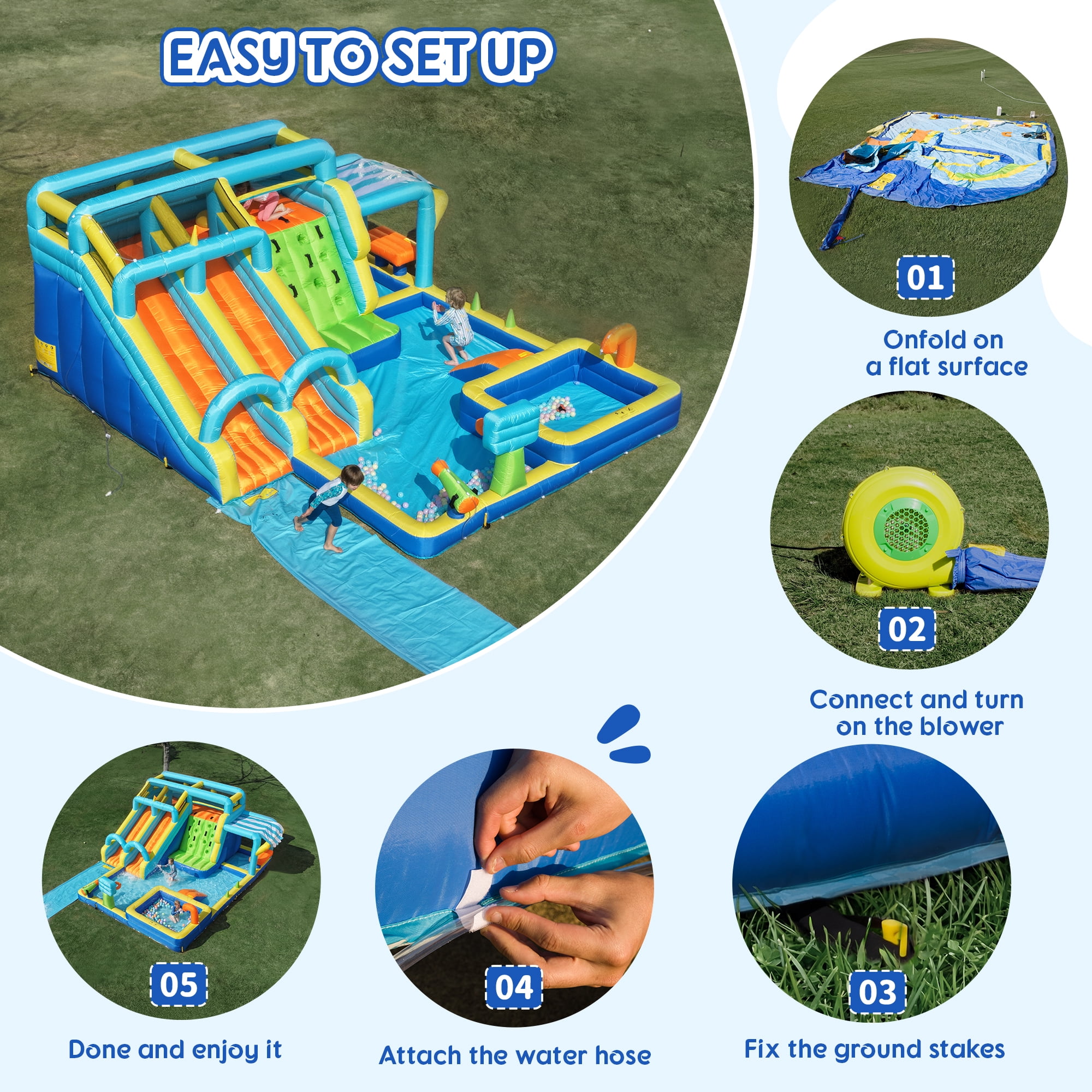 SaveJoy Giant 11-in-1 Inflatable Water Slide Bounce House, 272''x185''×86", 750W Blower, Water Park with Extended Slide for Kids Ages 3-8, Indoor & Outdoor Use