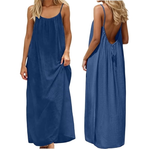 Backless Cami Dress for Women Sleeveless Spaghetti Strap Open Back Beach Dresses Summer Holiday Dress with Back Tie (Navy,4XL)