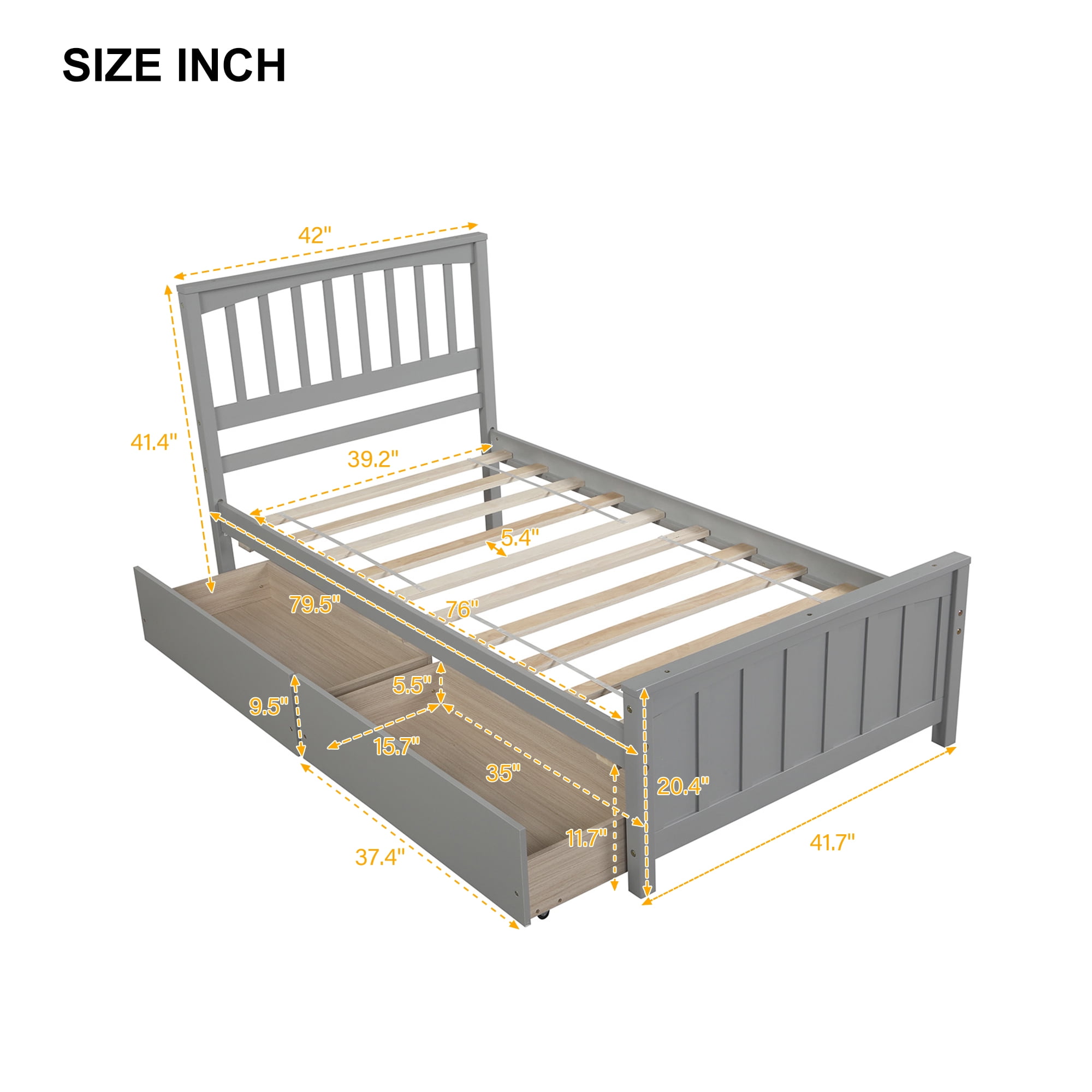 Mintazer Twin Size Platform Bed Frame with 2 Large Rolling Storage Drawers, Vertical Slatted Headboard & Panel Footboard for Kids Teens Adults Bedroom, No Box Spring Needed, Gray