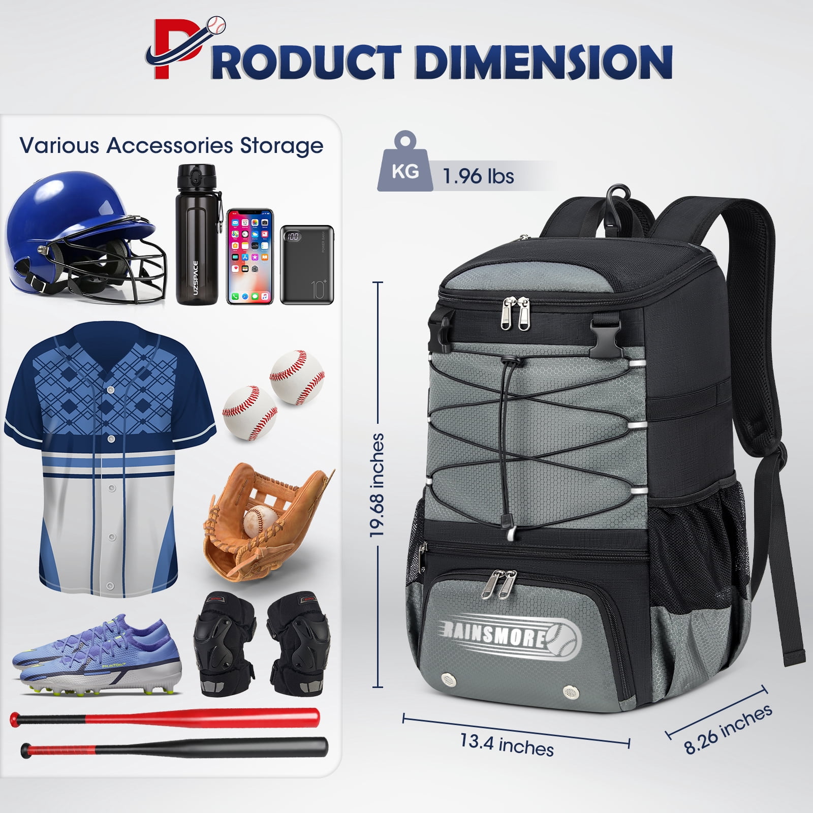Baseball Bag for Youth & Adult Lightweight Softball Bat Bag with Shoe Compartment, External Helmet Holder and Fence Hook Waterproof Baseball Backpack Hold T-Ball, Bat and Softball Equipment, Grey