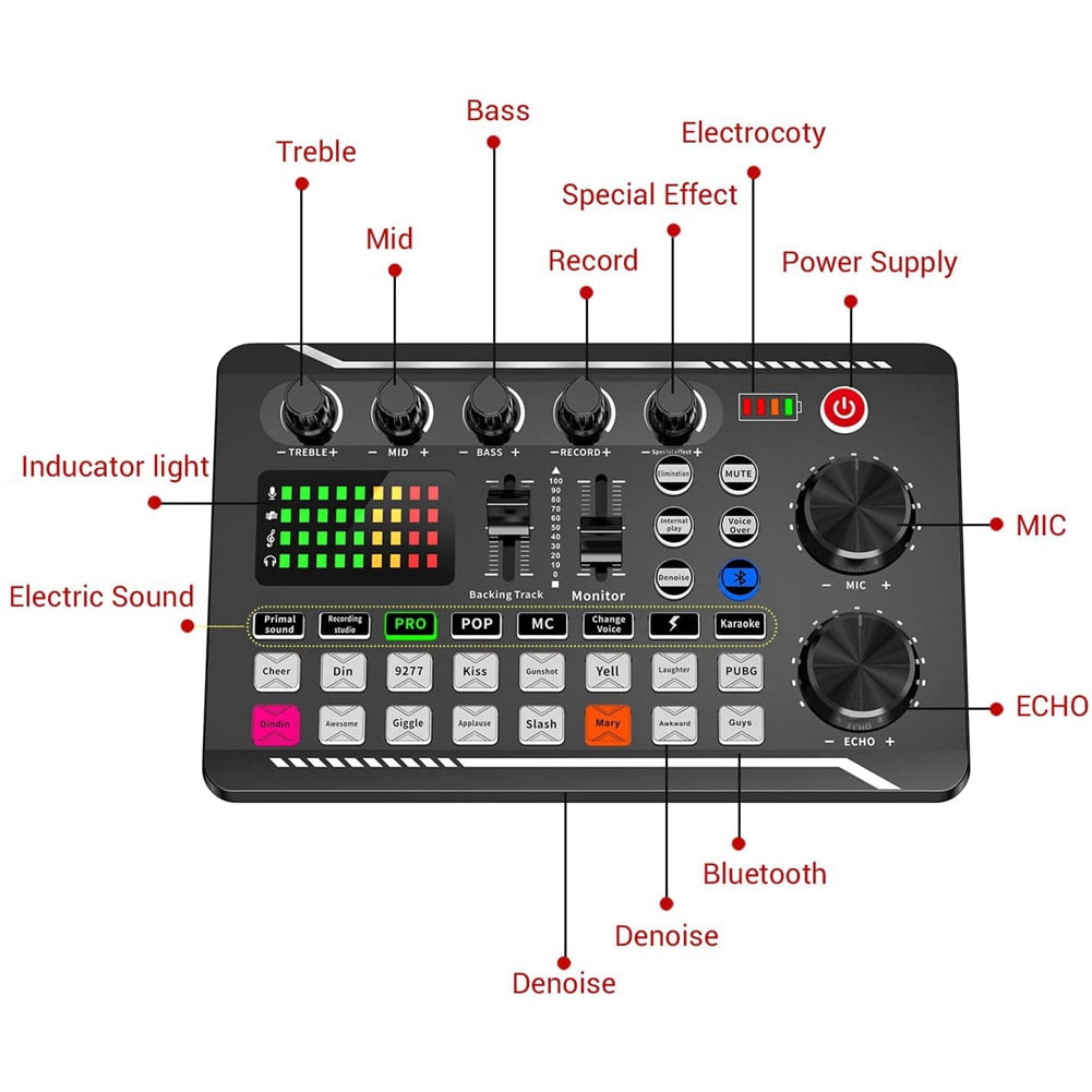 Trjgtas F998 Live Sound Card Audio Mixer Podcast, Voice Changer for Sound Effects Board for Microphone Karaoke