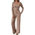 thumbnail image 2 of Women'S 2 Piece Matching Lounge Sets Fall Fashion Outfits Henley Neck Sweater Top Wide Leg Pants Sweat Suits Khaki S, 2 of 9