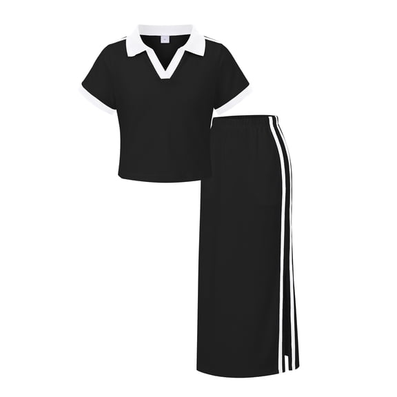 PureChapter Girls' Clothing Sets Short Sleeve Polo Crop Tops Slit Maxi Skirt Cotton 2 Piece Casual Girls Summer Outfits