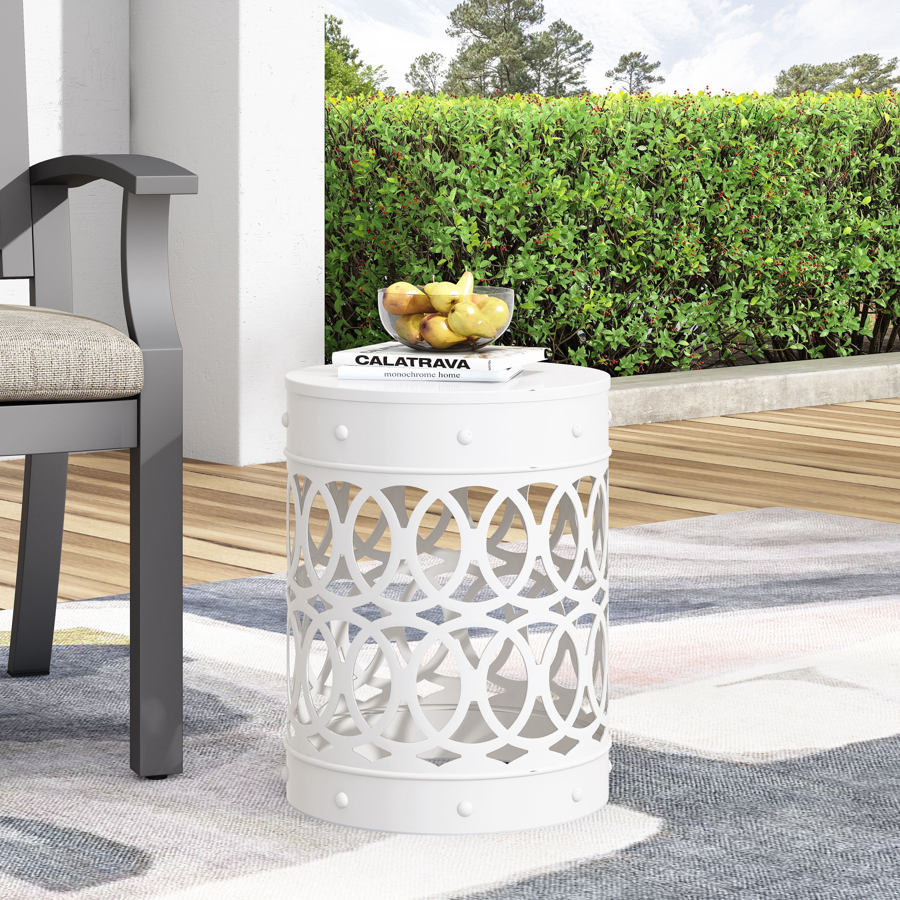 Outdoor Large Cylindrical Side Table, Overlapping Circle Pattern Metal Tabletop for Patio Garden, White