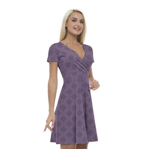 Women’s A Line Purple Summer Dress, Retro Triangle Arrangement, Cross Wrap V Neck, 6 Sizes, by Ambesonne