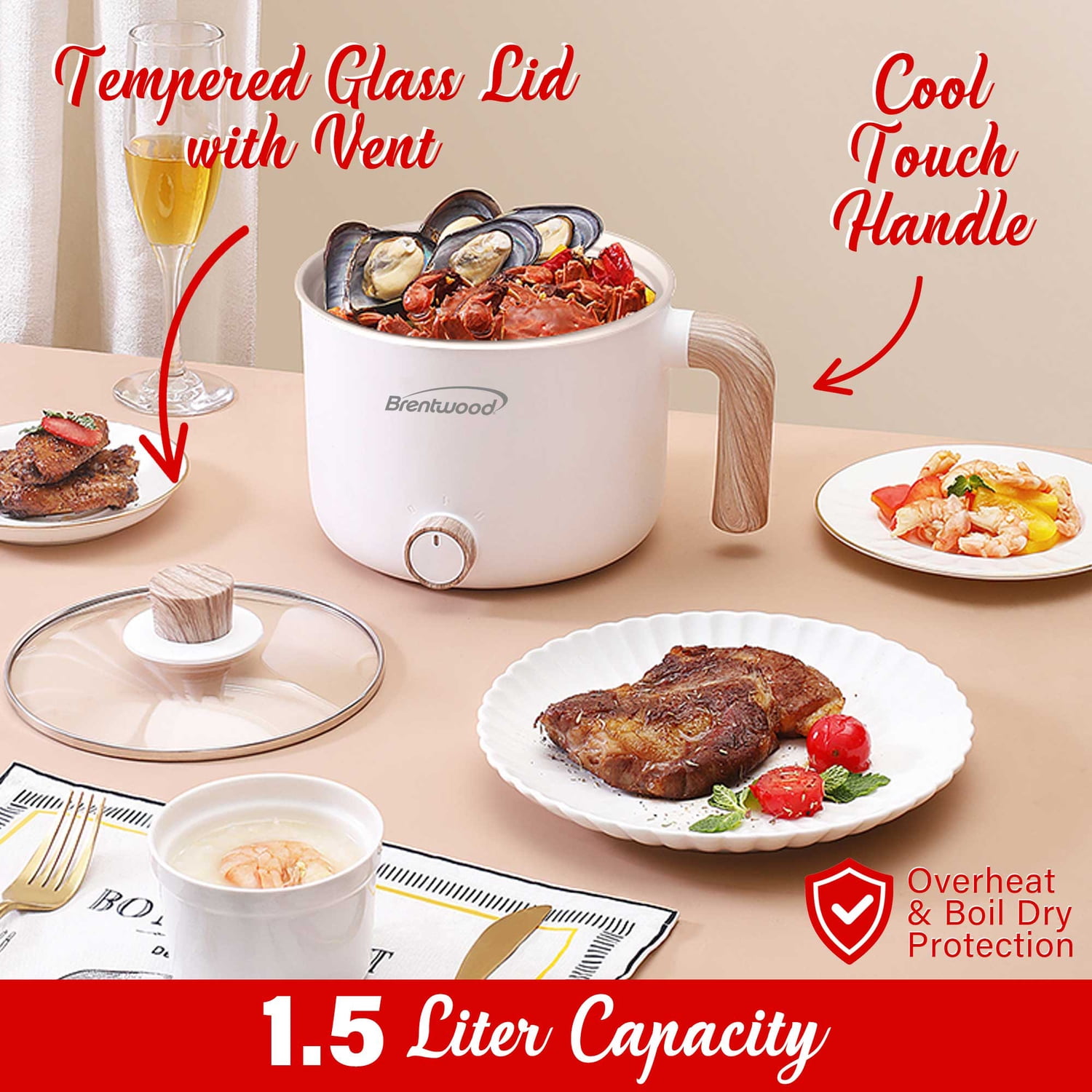 Brentwood 1.6-Qt. Multifunction Electric Ceramic Non-Stick Hot Pot Cooker with Stainless Steel Food Steamer, White