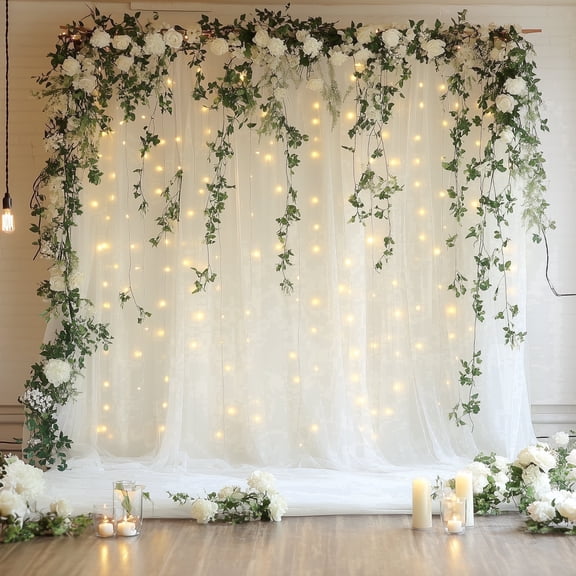 Tulle Backdrop Curtain with Lights String 10FT X 8FT lvory Sheer Tulle Backdrop Curtains for Wedding Birthday Party Reception Photo Booth Background Decorations (2 Panels 5x8FT)