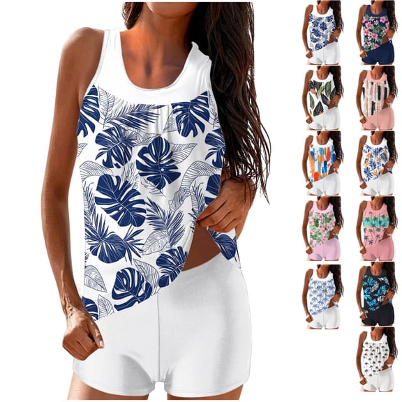 VtModv Womens Summer Fashionable Printed Plus Two-piece Tummy Control Split Swimsuit Suit Tankini Swimsuits Women Slimming Bathing