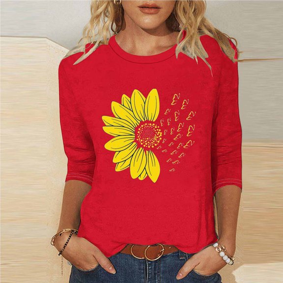 Ailaofu Women's Summer Sunflower T Shirt Cute Flower Graphic Loose Tees Crew Neck 3/4 Sleeve Casual Tops