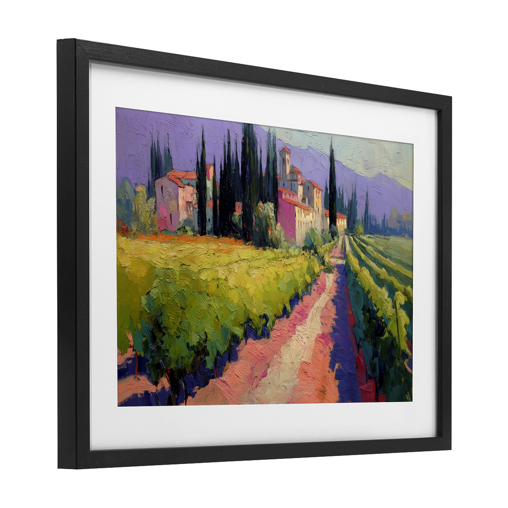Purple Mountains Village Black Framed Print Under Glass, design by Annabelle Hall