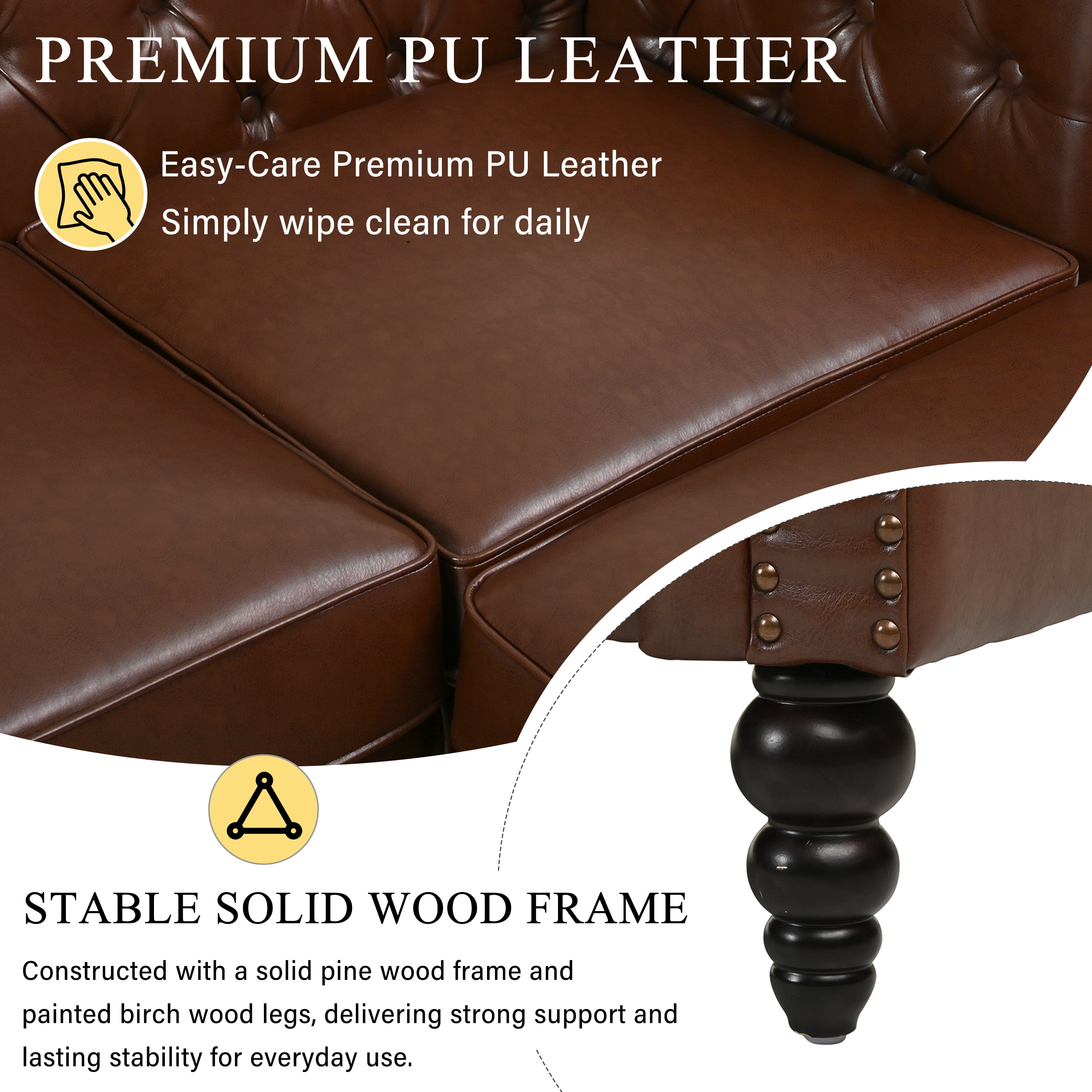 Howcool 85"W Chesterfield Sectional Sofa with Storage Ottoman,L-Shaped Faux Leather Sofa Couch,4-Seater Modular Sofa with Tufted Back & Nailhead Trim for Living Room,Brown
