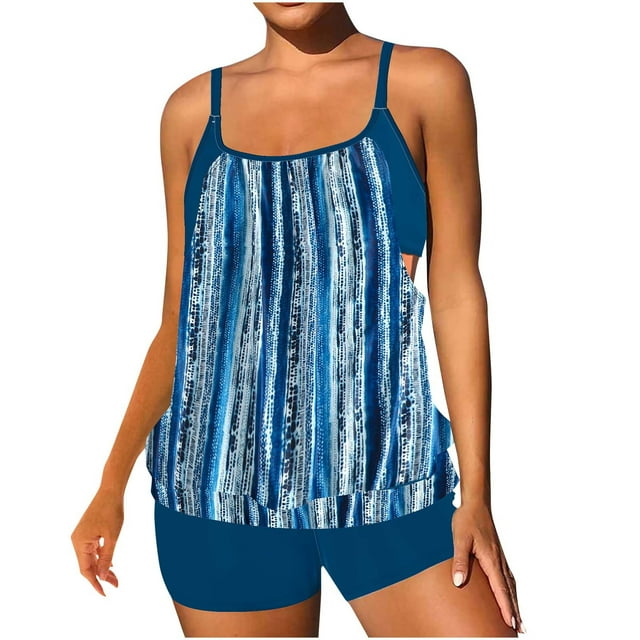 Women's Plus Size Modest Swimsuits, Tummy Control Two Piece Bathing Suits with Swim Trunks and Lace Stitching Top for Summer Vacation Beach Wear