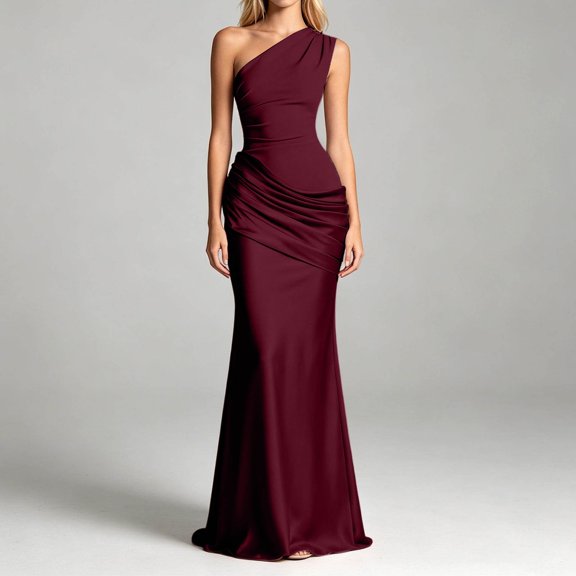 Norvella Womens One Shoulder Gowns Ruched Asymmetric Neck Bodycon Full Length Elegant Formal Party Evening Maxi Dresses