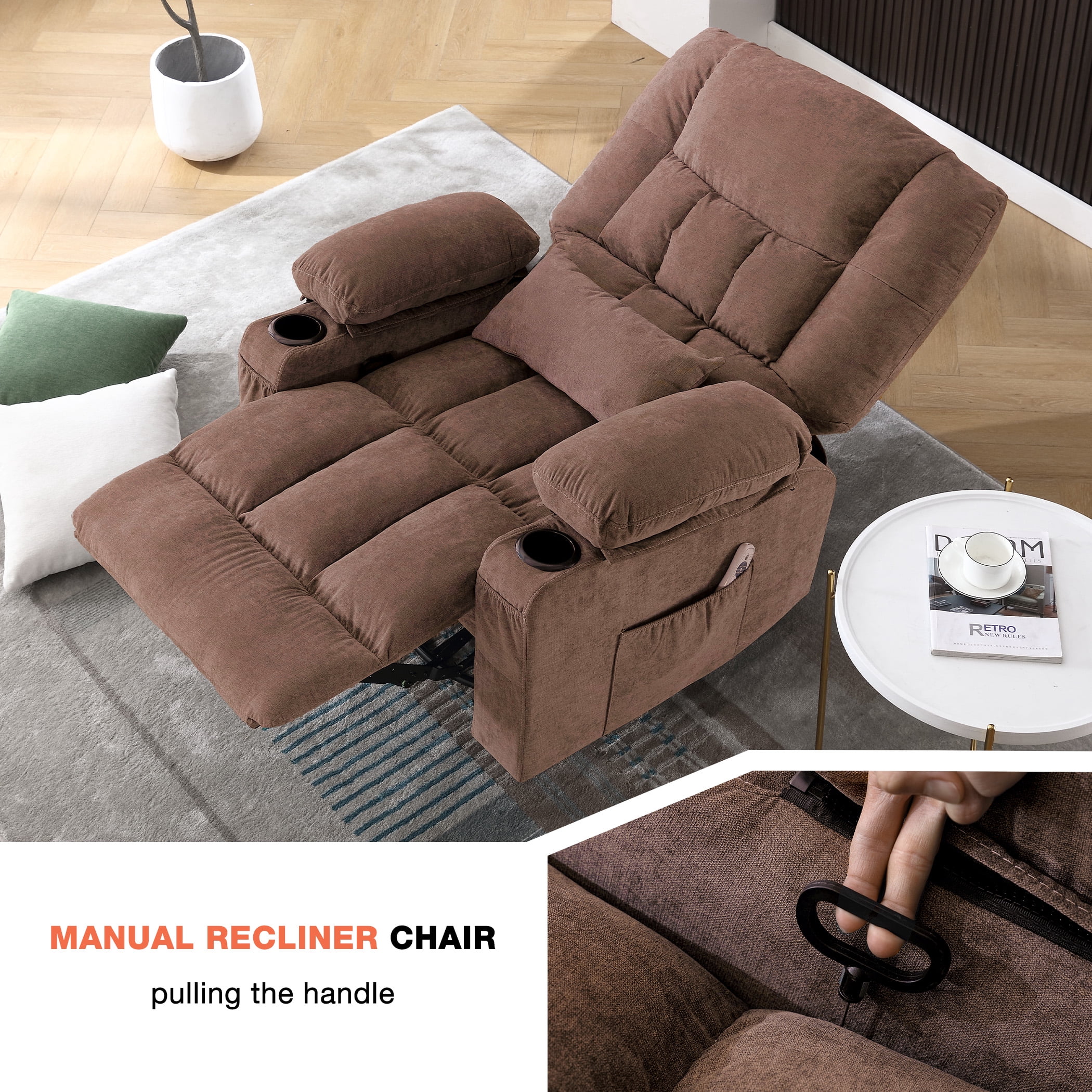 Oversized Massage Recliner Chair for Elderly,Modern Living Room Electric Rocking & Reclining Chairs with with Heat, 8-Point Vibration,USB Charger and Cup Holders, Plush Velvet Single Sofa, Brown