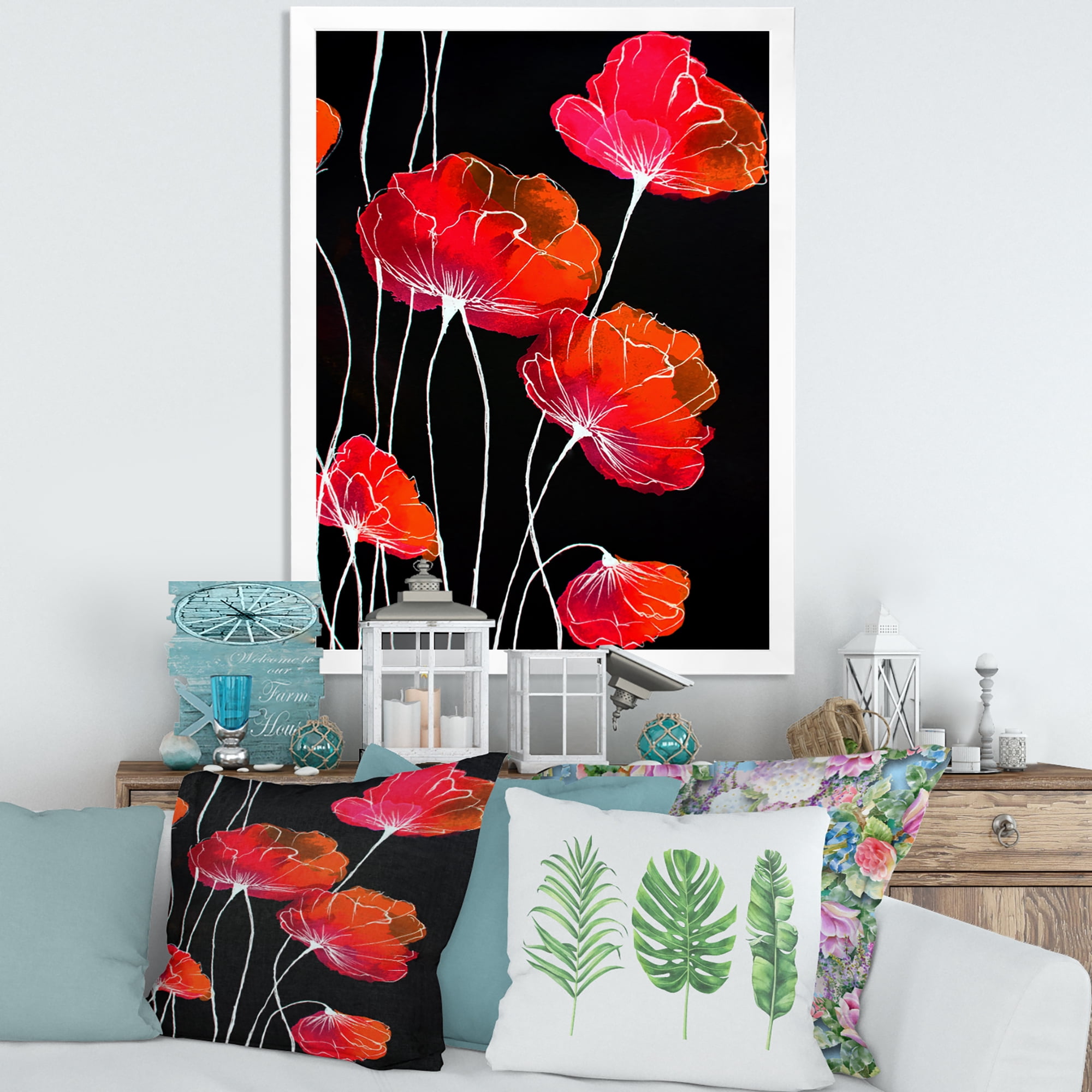 Designart 'Abstract Red Flower Detail On Black Background II' Traditional Framed Art Print