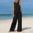 thumbnail image 5 of Cotton Linen Outfits for Women Summer Trendy Vacation Clothes 2 Piece Sleeveless Tank Top Wide Leg Pants Set (S, Black), 5 of 6