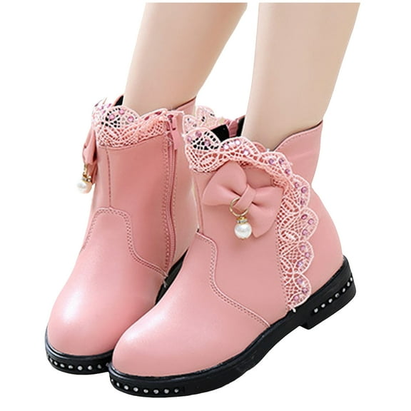 Girls Lace Ankle Boots Kids Bowknot Leather Slip On Block Low Heel Outdoor Walking Mid Calf Booties