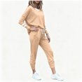 thumbnail image 4 of Womens Plus Size Casual Sweatsuit Set with Striped Sleeve Top and Jogger Pants for Lounging and Outdoor Beige L, 4 of 8