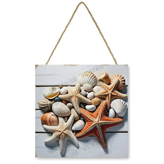 Shell Starfish Wall Art Beach Decor Summer Wooden Sign Vintage Pictures for Bedroom Bathroom Kitchen Wall Decorations Bar Interior Decor 12"x12" Wooden Hanging Signs
