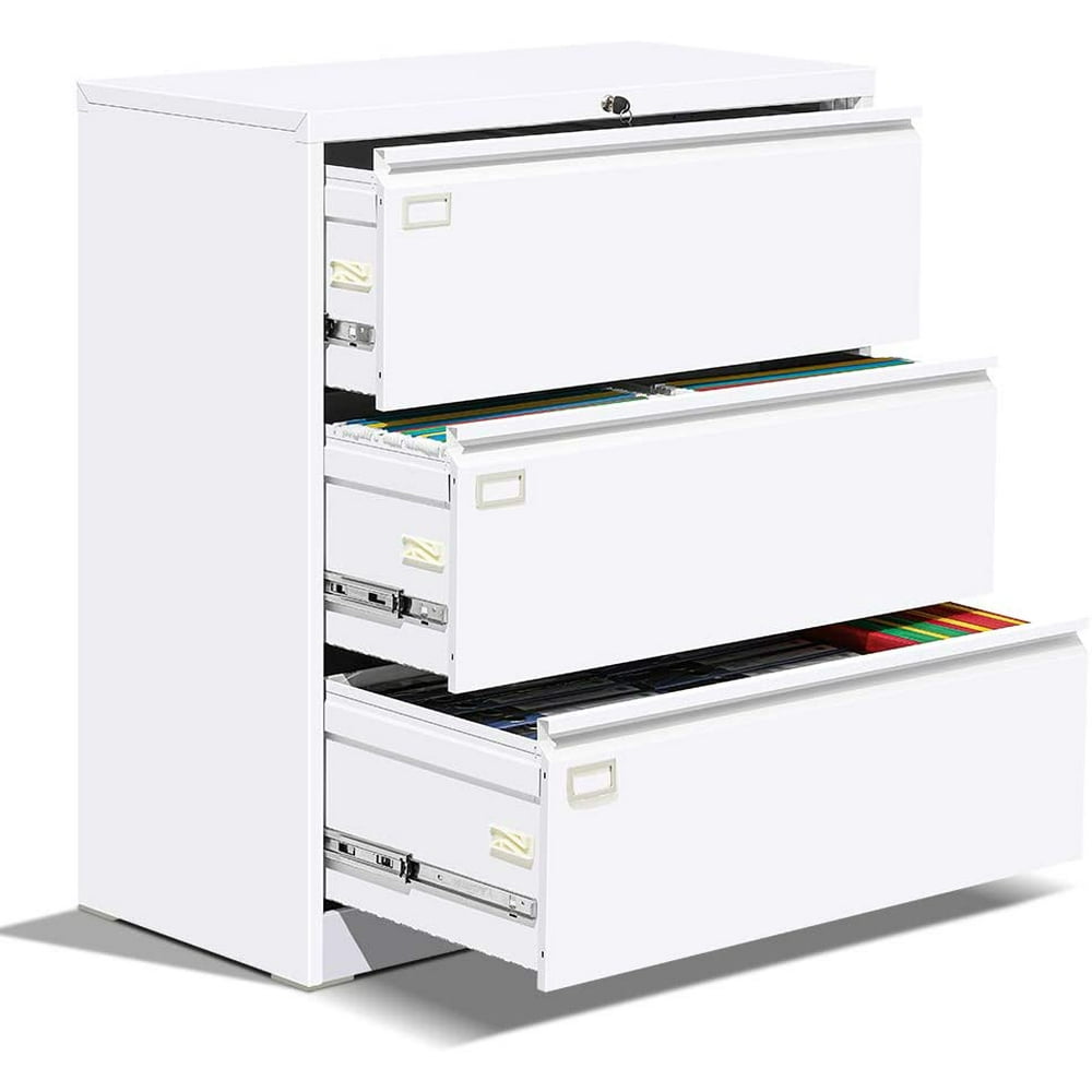 White 3 Drawer Lateral File with Lock Metal Lateral Filing