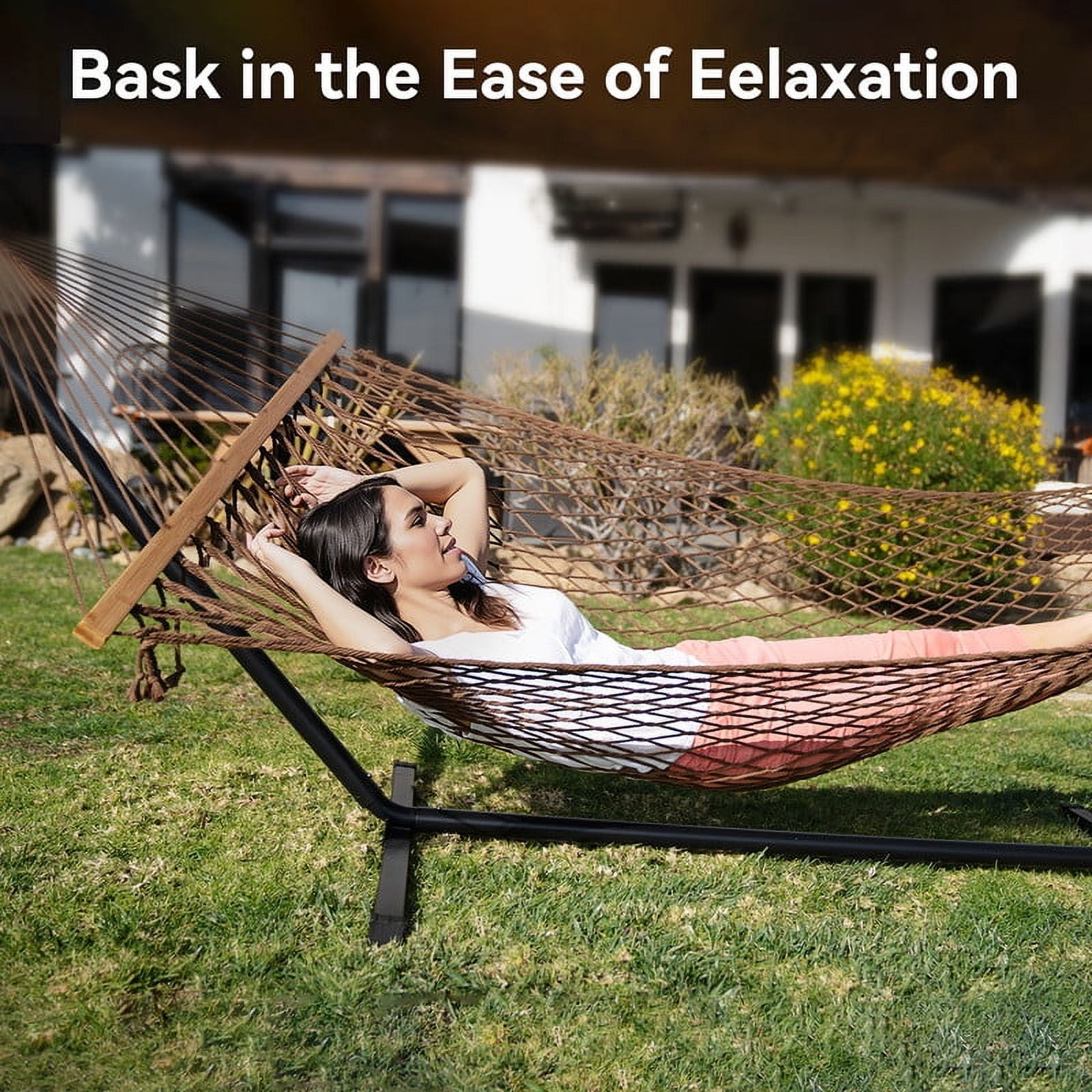 KEESTP Comfort 2 Person Cotton Rope Hammock, 500lb Capacity,Portable Hammocks for Camping Outdoor/Indoor Patio Backyard - Brown