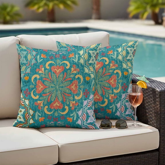 Green Boho Outdoor Pillow Covers 24x24 Inch Throw Pillow Covers Set of 2 Waterproof Decorative Pillow Cases Shabby Vintage Ethnic Abstract Floral Art Cushion Covers for Patio Furniture Garden Couch