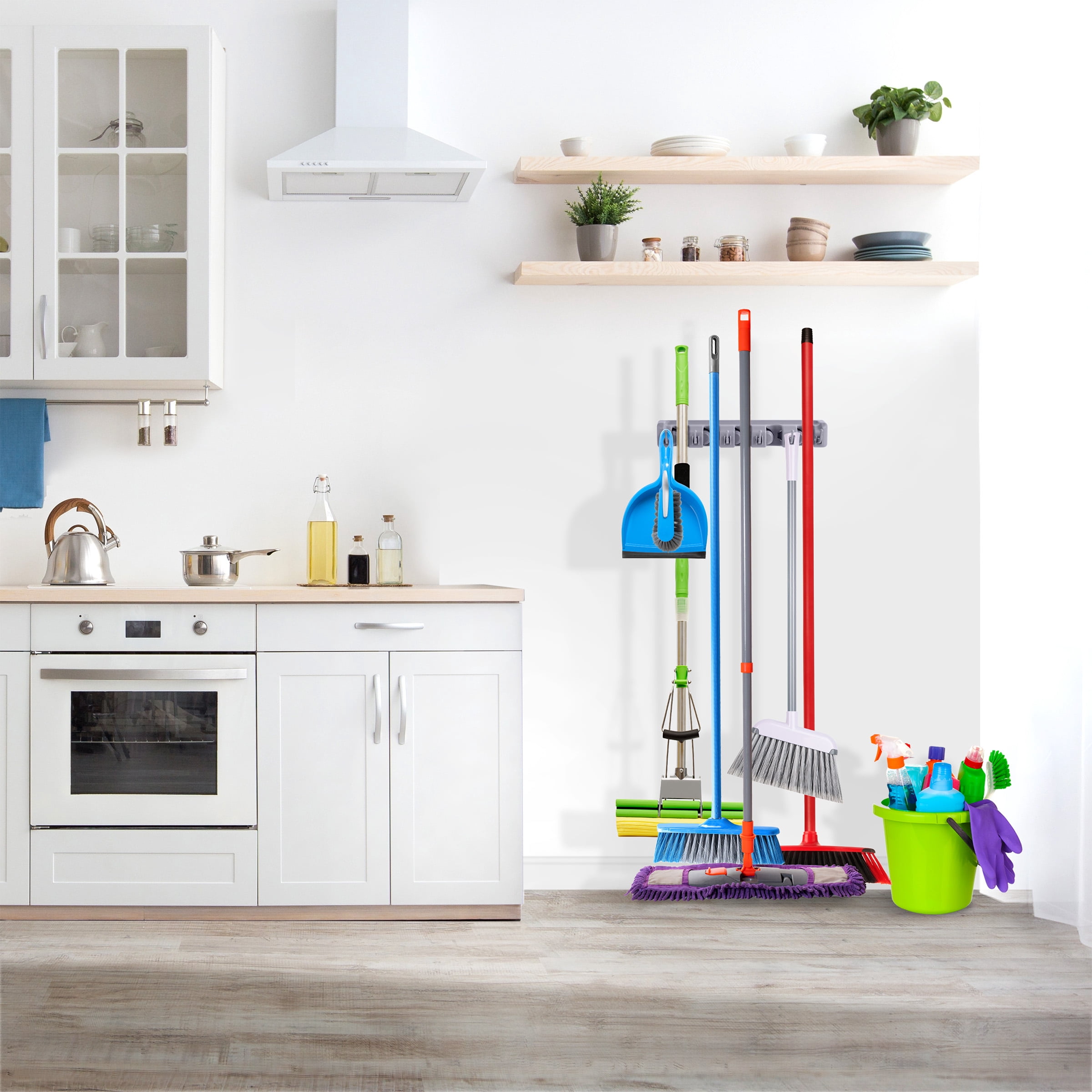 Sorbus 16" Wall-Mounted Broom & Mop Organizer, 5 Slots, 6 Hooks, Gray