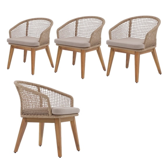 JOIVI Acacia Wood Patio Chairs, Breathable Nylon Checkerboard Woven Backrest, Removable Cushions & Adjustable Feet, Set of 4