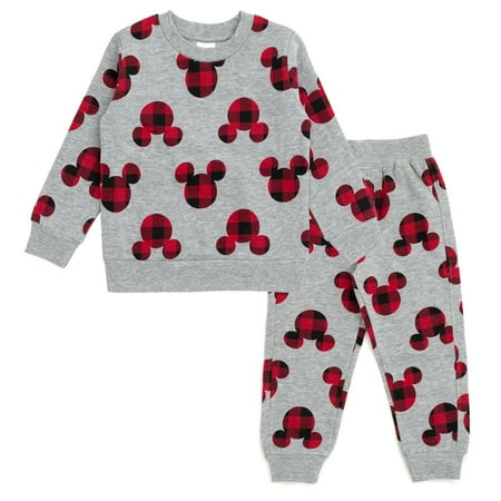 Disney Mickey Mouse Big Boys' Fleece Sweatshirt and Jogger Pants 2-Piece Set Plaid Gray