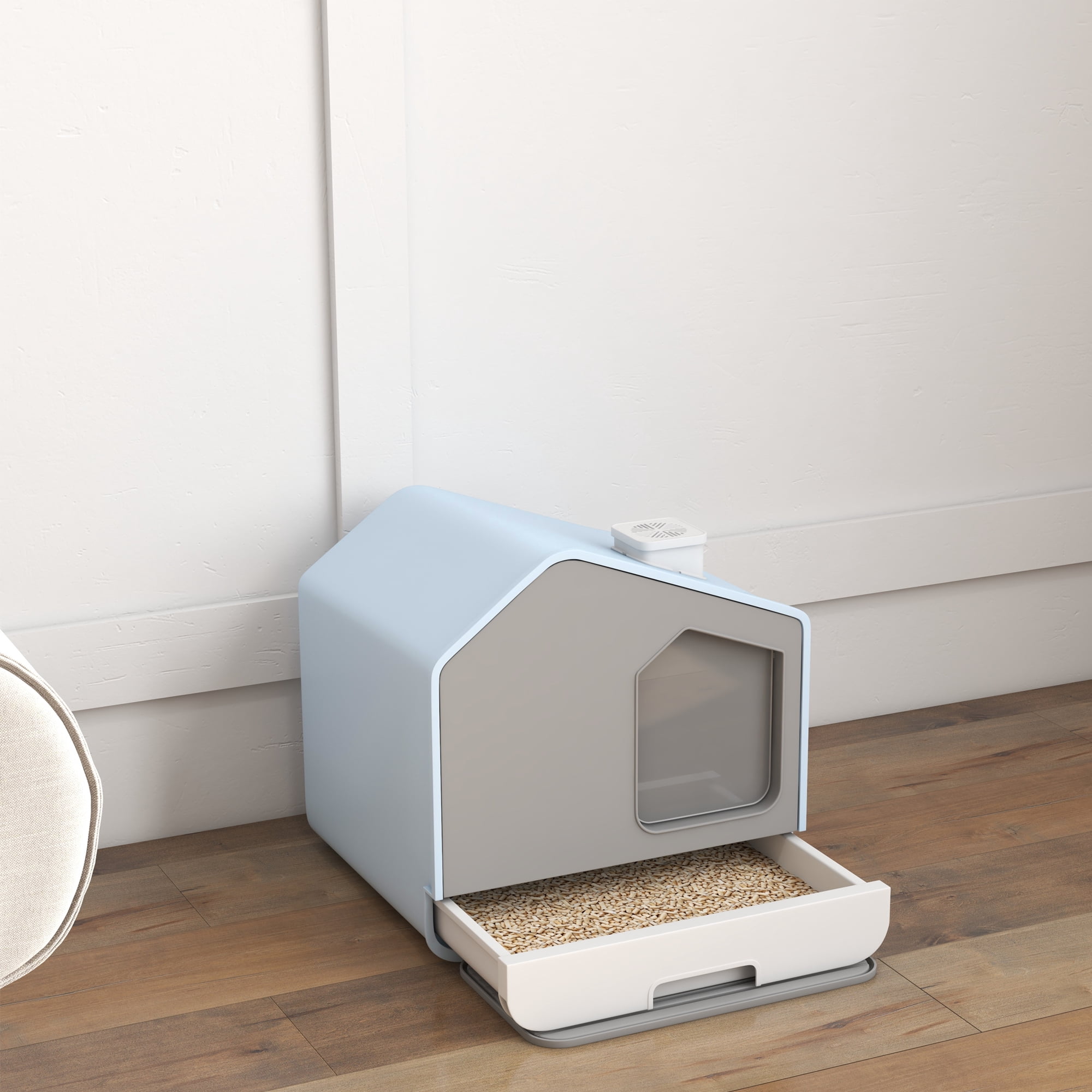 Uforic Extra Large Enclosed Cat Litter Box with Mat and Litter Scoop,Cat Toilet Box with Lid Drawer Type Easy to Clean,Blue