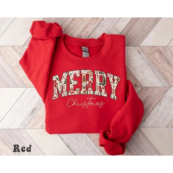 Merry Christmas Sweatshirt – Matching Family Holiday Sweaters, Retro Merry Crewneck, 100% Cotton Pullover, Made in USA, Cozy Xmas Gift for Unisex