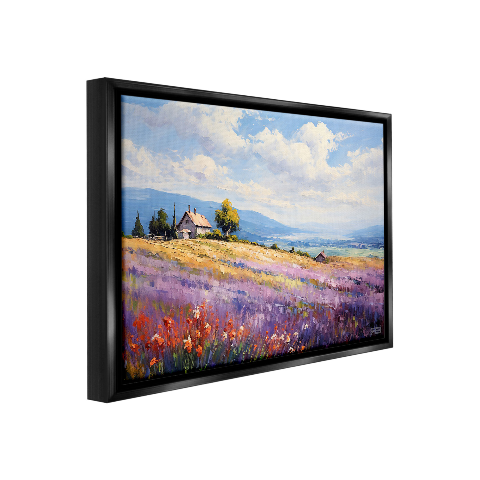 Stupell Industries Cottage Meadow View Landscape Painting Black Floater Framed Canvas Art Print Wall Art, 21 x 17