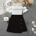 thumbnail image 2 of Bysome Cute Outfit Set Boys Girls Lace Off The Shoulder Cute Blouse Solid Color Button Irregular Skirt Suit Black 7-8 Years, 2 of 7