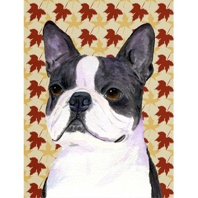 Drapeau Portrait Feuilles d'Automne Boston Terrier 15 x 15 Po. Taille Jardin